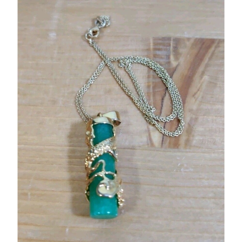 Vtg Sterling Silver 20" Italy Chain Green Glass Gold Tone Encapsulated Pendant